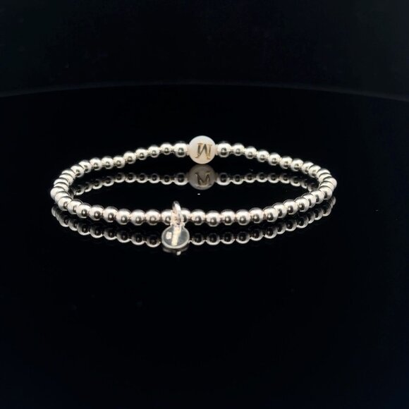 925 Sterling Silver Beaded Stretch Stacking Bracelet MOP Letter Initial M - Picture 4 of 6